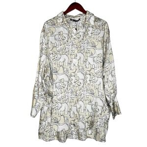 Zara Blouse Satin Oversized Elephant Print Button Black White Cream SZ Medium
